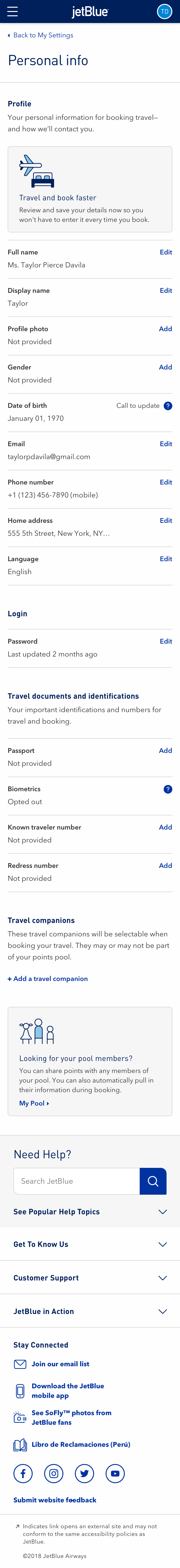 Personal info mobile